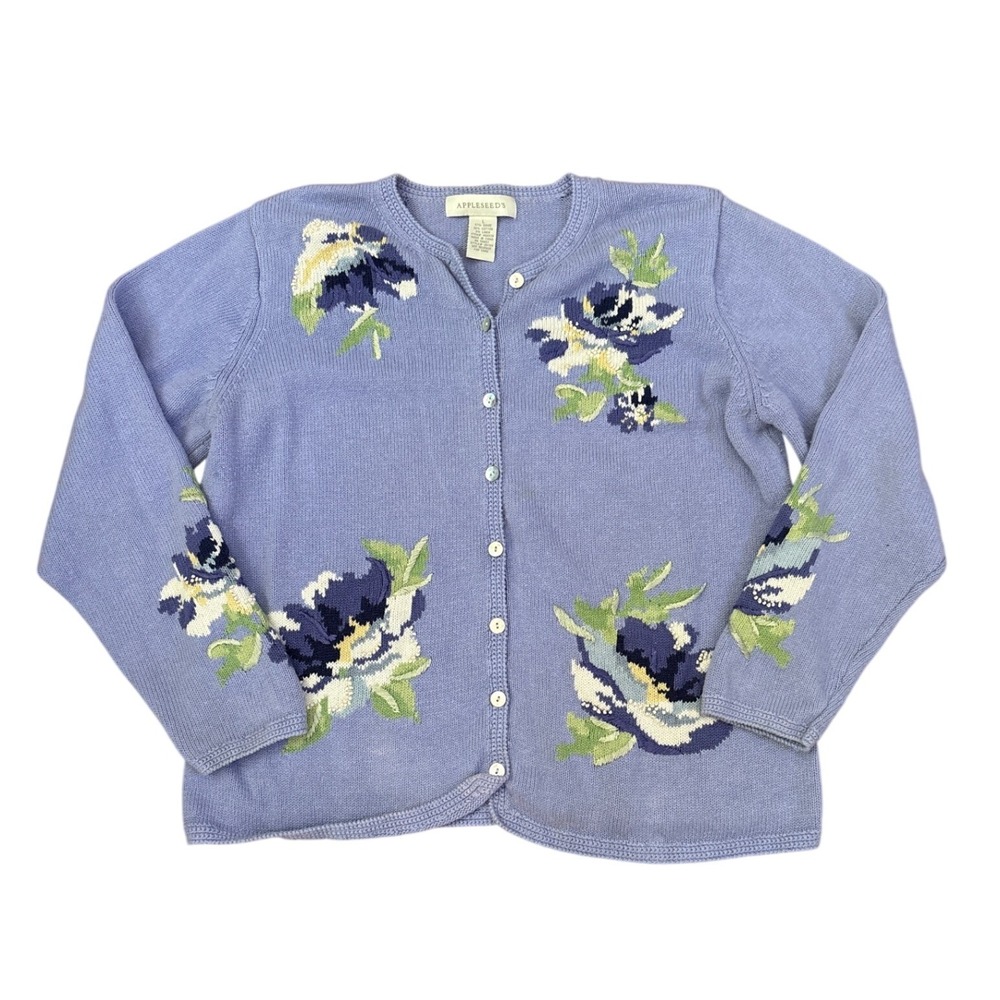 Appleseed's Cardigan Women Blue Floral Ramie Cotton Knit Vintage Style SIZE L